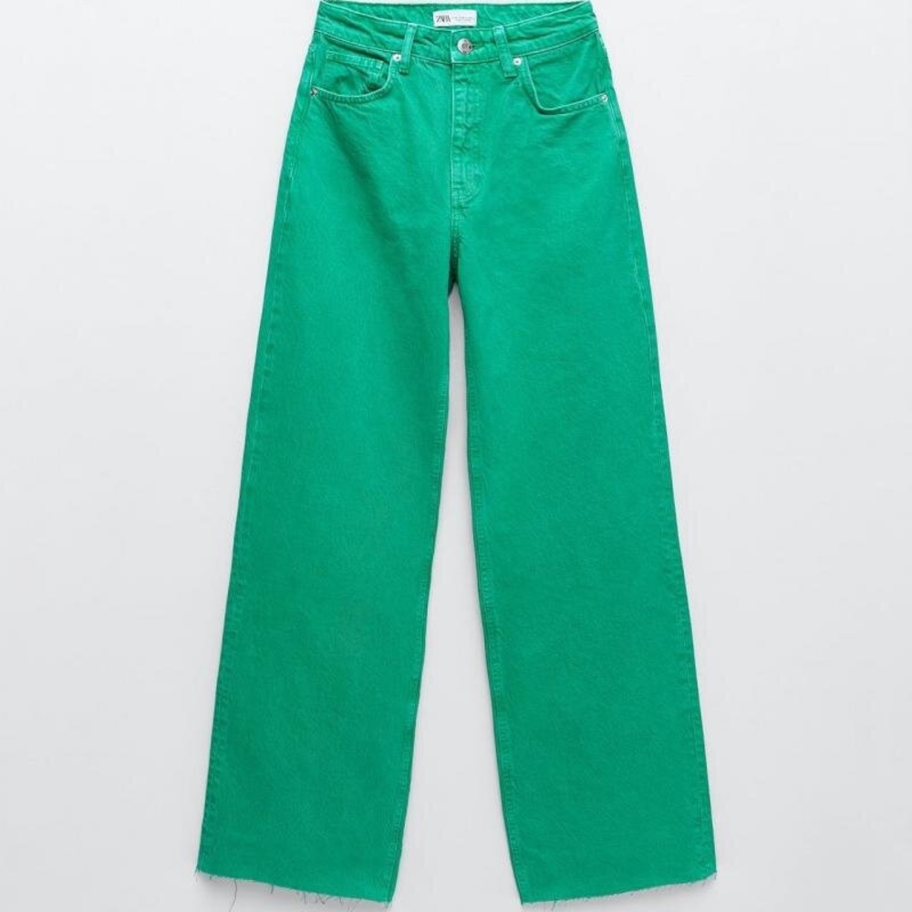ZARA SOLID COLOR FULL LENGTH WIDE LEG JEANS GREEN
